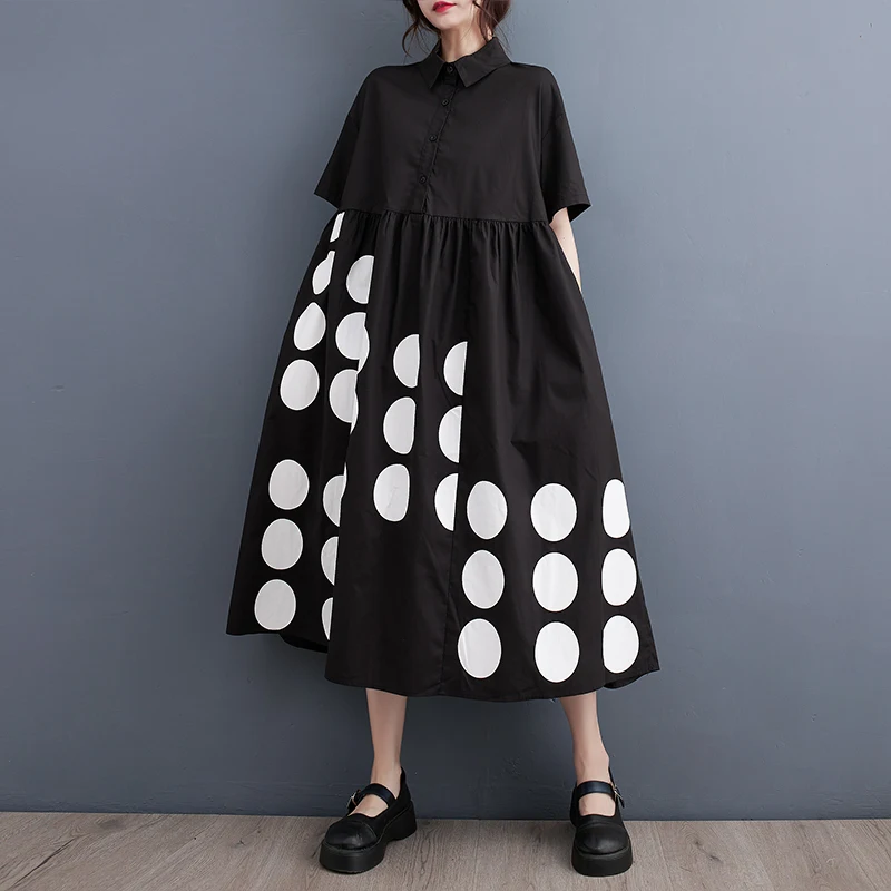 # 3857 Black White Polka Dot Printed Shirt Dress Women Polo Neck Vintage Loose A-line Midi Dress Woman Short Sleeve Summer 2024