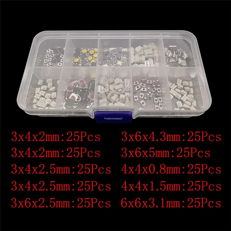 ABSQ-Ассорти Micro Tactile Tact Кнопочный переключатель Комплект 250 шт. 2P 4-контактный SMD PCB Мгновенный самосброс Автомобильный пульт дистанционного управления
