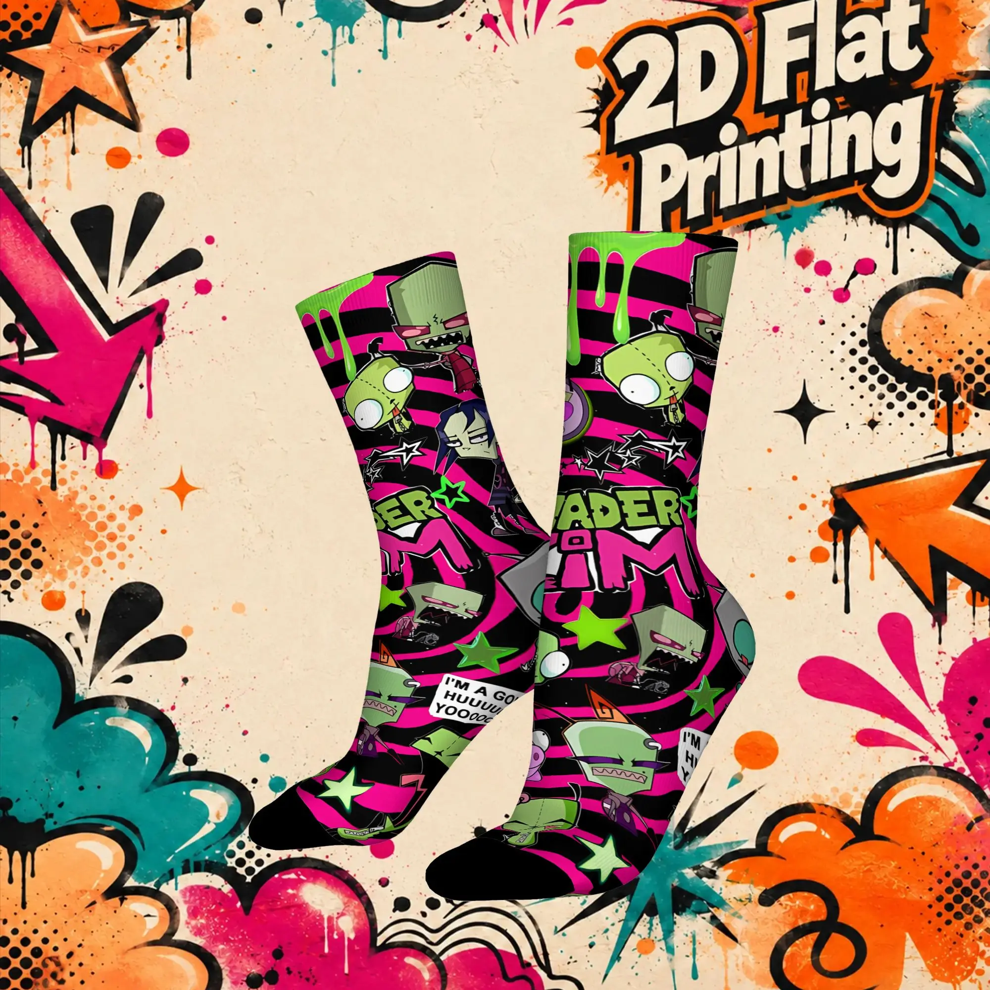 Invader Zim Anime Harajuku Men's  Mid Tube Winter Socks Unisex Suitable Crew Sock Cycling Socks