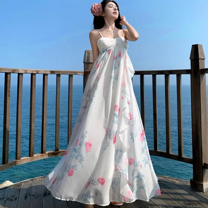 

2024 Holiday Style Halter Chiffon Dress for Women Sleeveless Vacation Summer Fairy Sundress Rose Flower Bow Tie Long Dress New