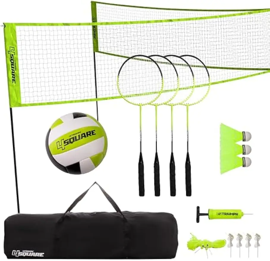 

4 Square Volleyball Badminton Pickleball Combo Set with Net, Rackets, Ball & Carry Case - Multiple Styles