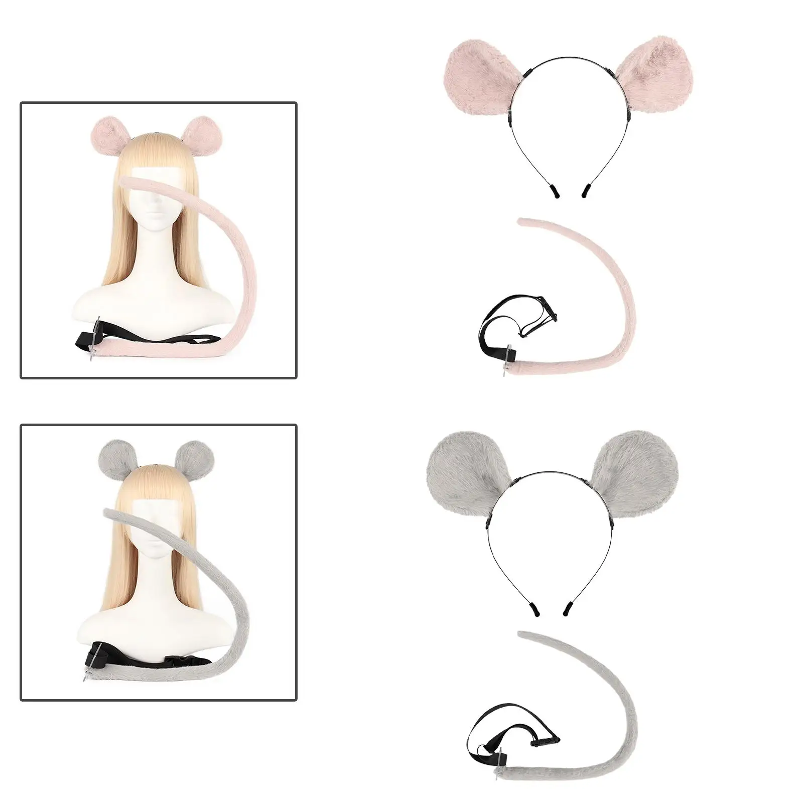 2Pcs Mouse Costume Accessory Set Mouse Ears and Tail Party Decoration Fancy Dress Plush Hair Hoop for Halloween Role Play Easter