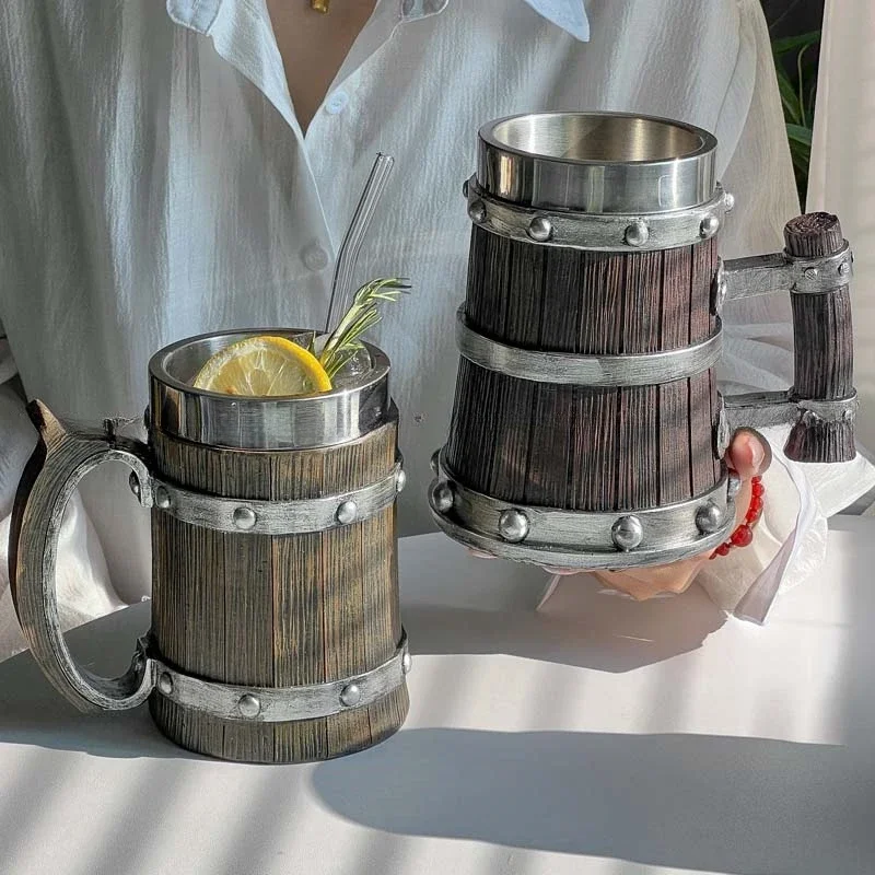 Viking Wood Style Beer Mug 3D Resin Stainless Steel Coffee Cup Wine Glass Metal Double Wall Mug Beer Jug Cup Thermal