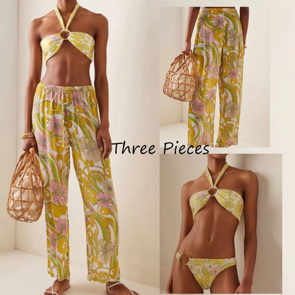 

Купальник с лямкой на шее, купальный костюм из трех предметов, желтый сексуальный купальник с принтом, Модный купальник, бикини, пляжная одежда, микро бикини, танкини