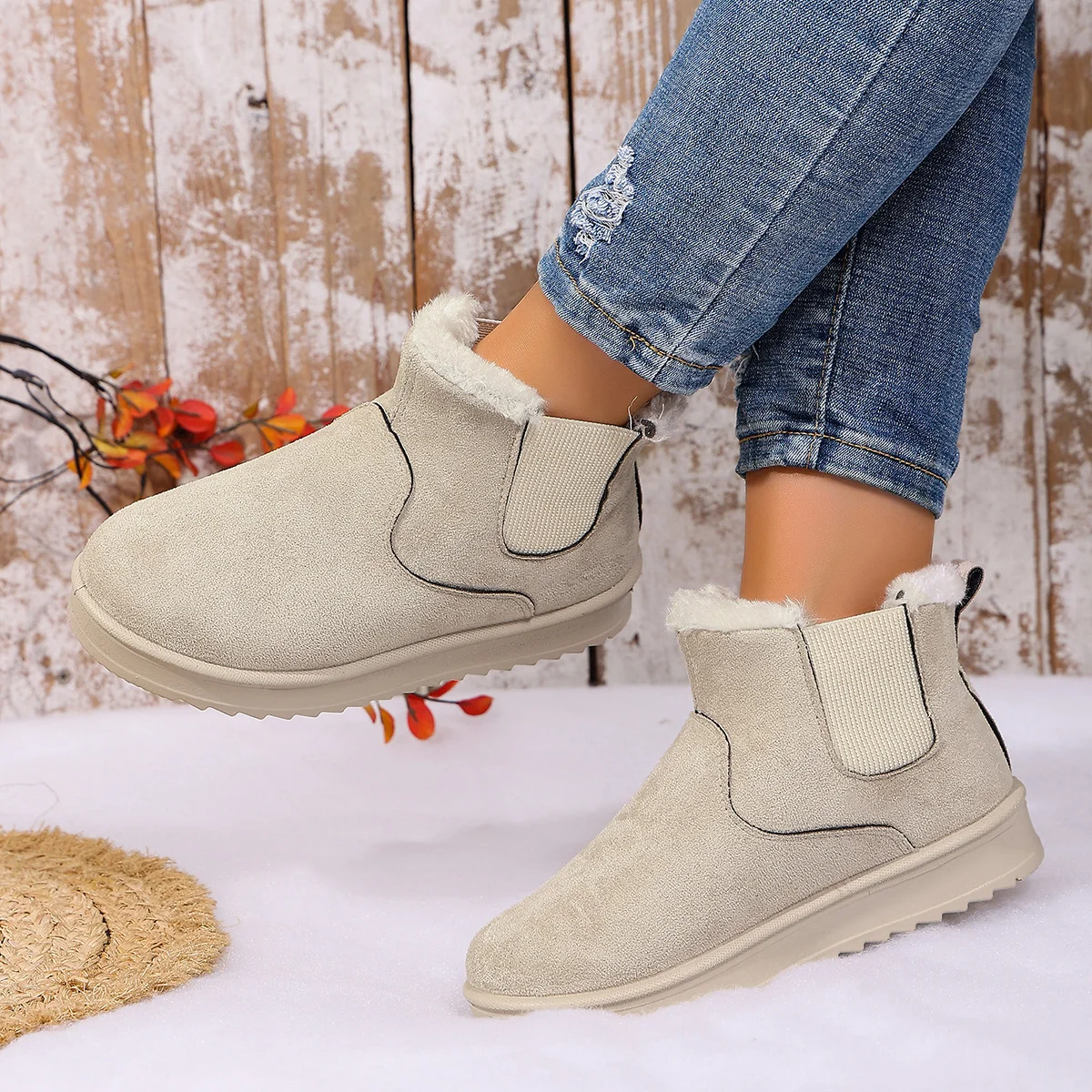 Damen-Stiefeletten mit Fransen zum Hineinschlüpfen, trendige, bequeme Winter-Kurzstiefel – Detail 5