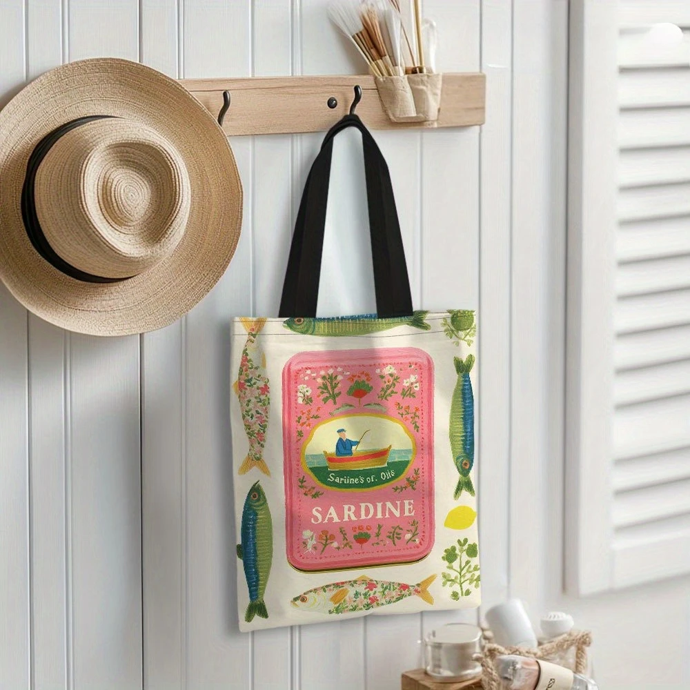 1개의 다채로운 정어리 틴 아트워크 토트백, 넉넉하고 가벼운 생기 넘치는 물고기 & 꽃무늬 디자인 여성용 쇼핑백 토트백