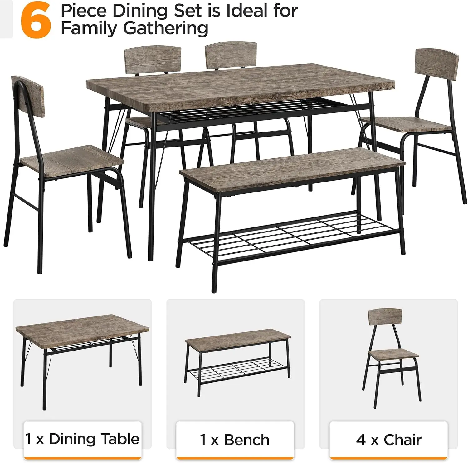 Dining Table Set for 6 Kitchen Table Set with Chairs and Bench 6 Piece Dining Set with 2 Storage Racks, Protective Foot Pads