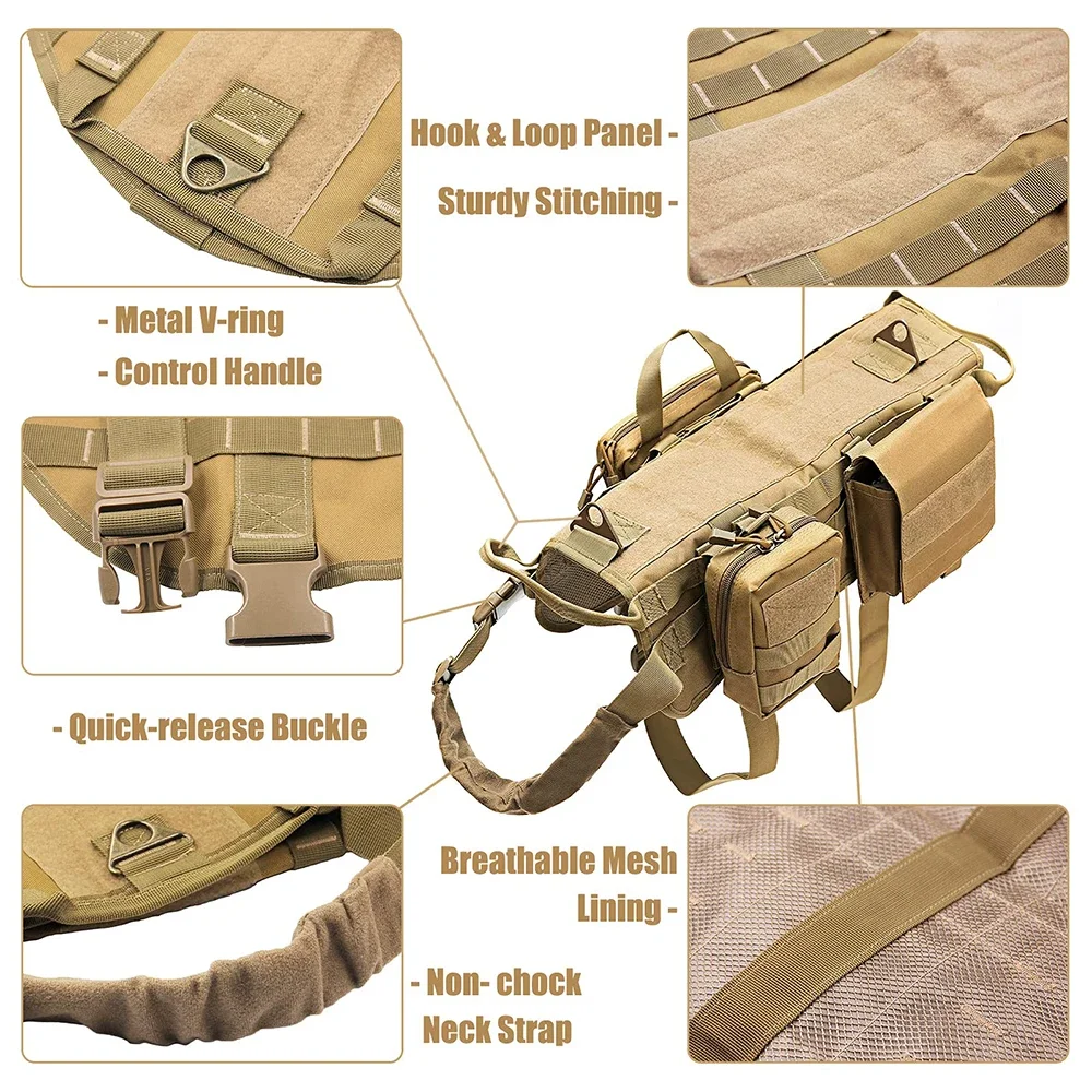

Tactical Large Dog Harness with Pouches Pet Vest Military Harnesses with Handle No-Pull Service Dogs Walking Training Hiking