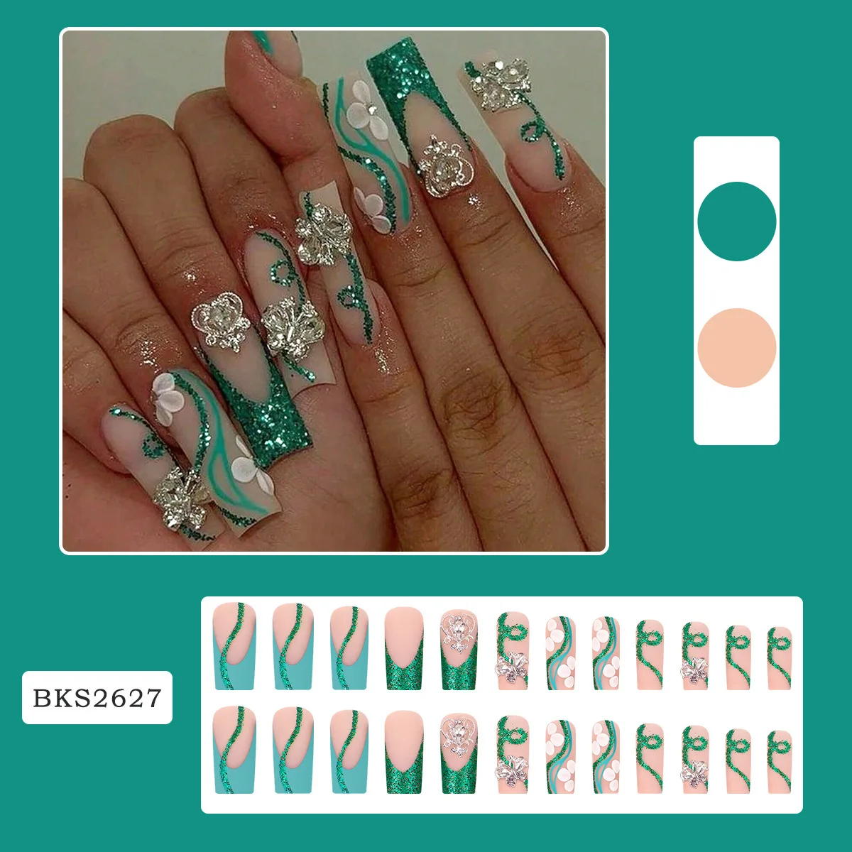 Nail Art Wearing Nail Green Glitter Bright Diamond Light Luxe Franse nagelplaat Afgewerkte bloemstijl Frosted nagelplaat