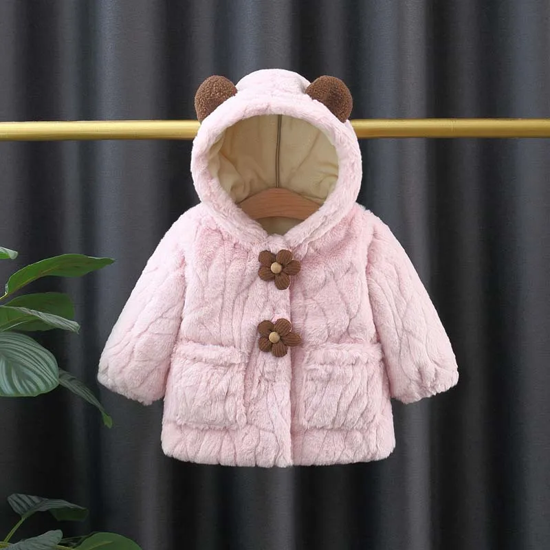 

Baby Girl Coat Winter Cotton Solid Color Flower Hooded Hooded Cartoon Ear Long Sleeved Baby Top Simple Warm Christmas Girl Jacke