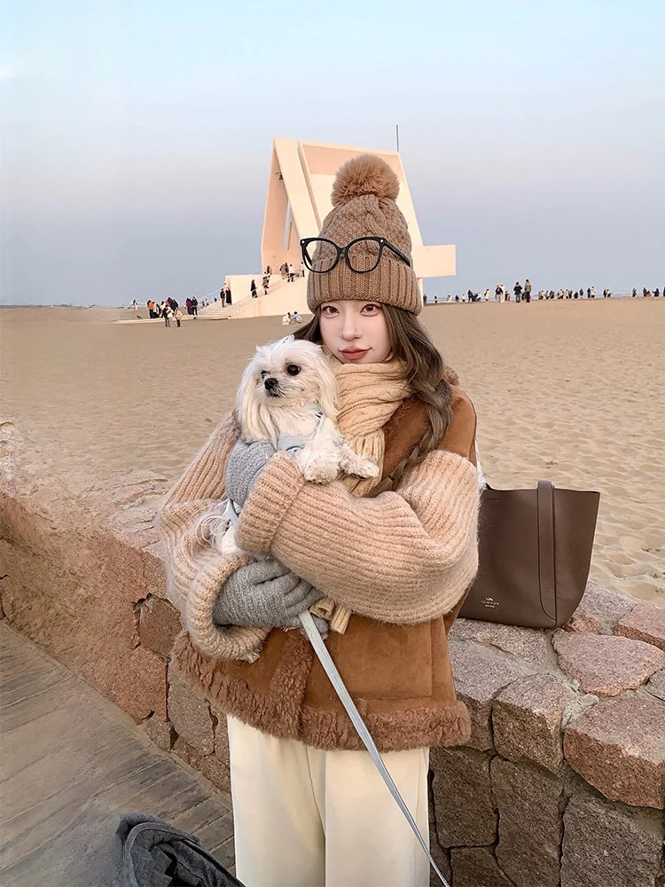 

Luu Long Sve Lamb Fur Splicing Leather And Fur Inteated Jaet Women's Loose Suede Design Sense Top for Autumn And Winter