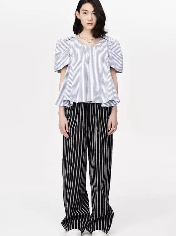 

plus Size 300 Pounds Striped Shirt Women Summer Sweet Anti-Aging Doll Top Bubble Sleeve Short Style Skin-friendly Breathable