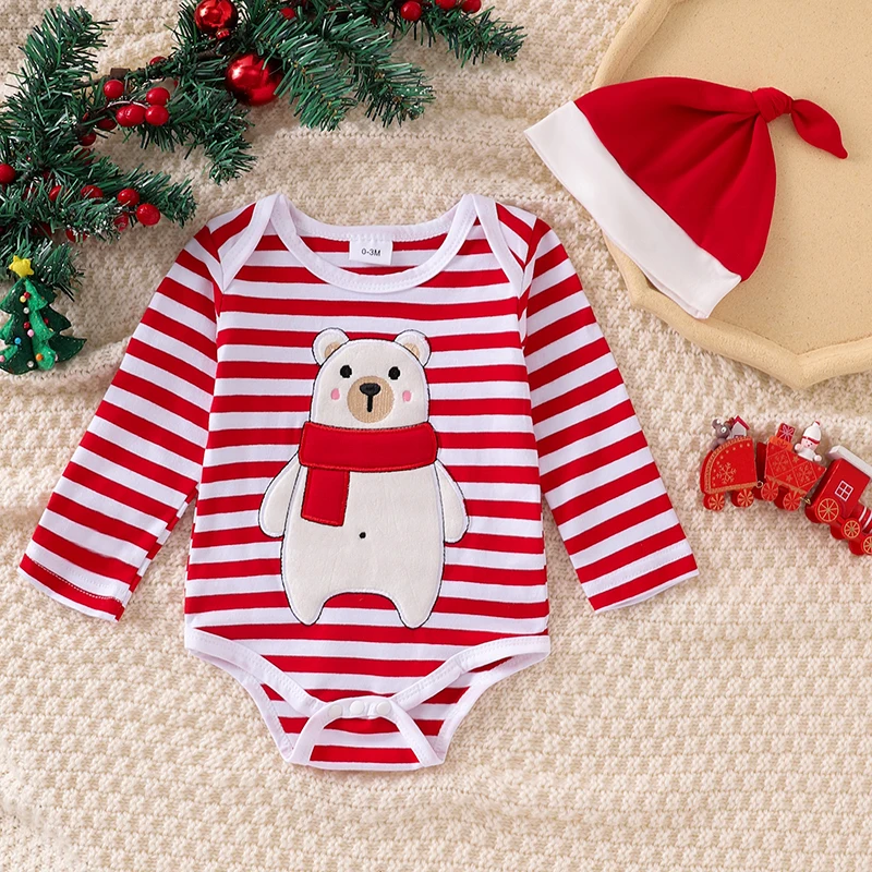 Baby Christmas Clothing Boy Girl Bear Print Long Sleeve Romper Striped Suspender Pants Hat Newborn Xmas Clothes Set