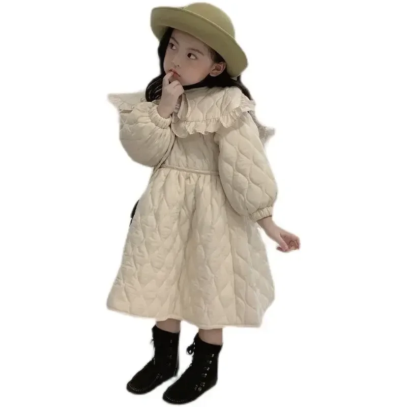 Beige/Black 2022 Baby Girls Winter Dress Big Collar Cotton-padded Thick Warm Princess Dresses Coats Kids Children Clothes 2-12T