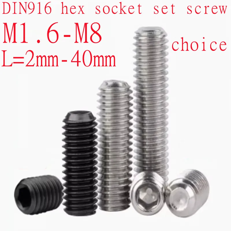 10-50PCS DIN916 M1.6 M2 M2.5 M3 M3.5 M4 M5 M6 M8 stainless steel black steel cup point headness hex socket set grub screw