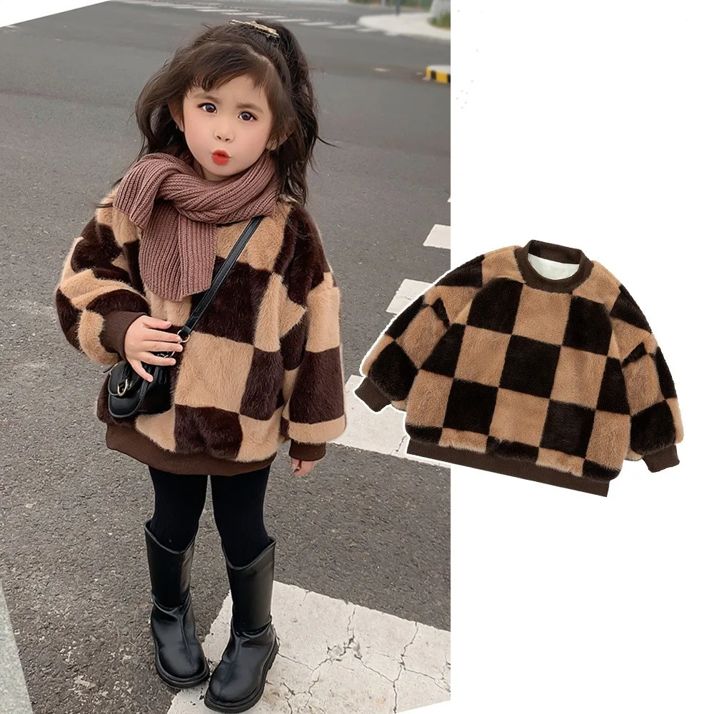 

Winter Warm Girls Contrast Squares Full Fleece Sweatshirt Jackets School Kids Track Pullover Coat Tops Child Work Jumper 3-14Yrs