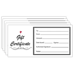 Gift Certificates Business 50 Blank Gift Certificate Cards for Spa, Salon, Restaurants, Client Vouchers Gift Card 5x2.5inch
