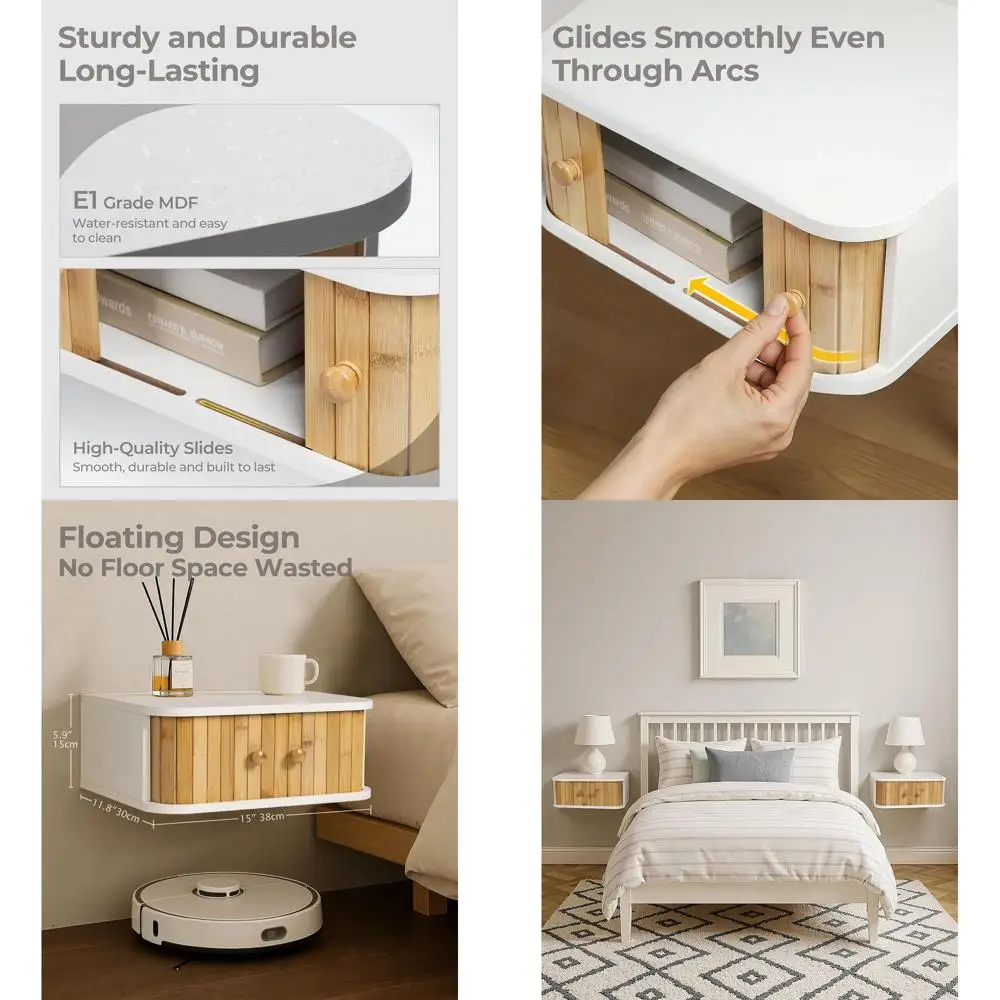 

Set of 2 White Boho Nightstands with Drawers, Wall-Mounted Bamboo Shelves for Small Spaces, Natural Wood Bedside Storage for Hom
