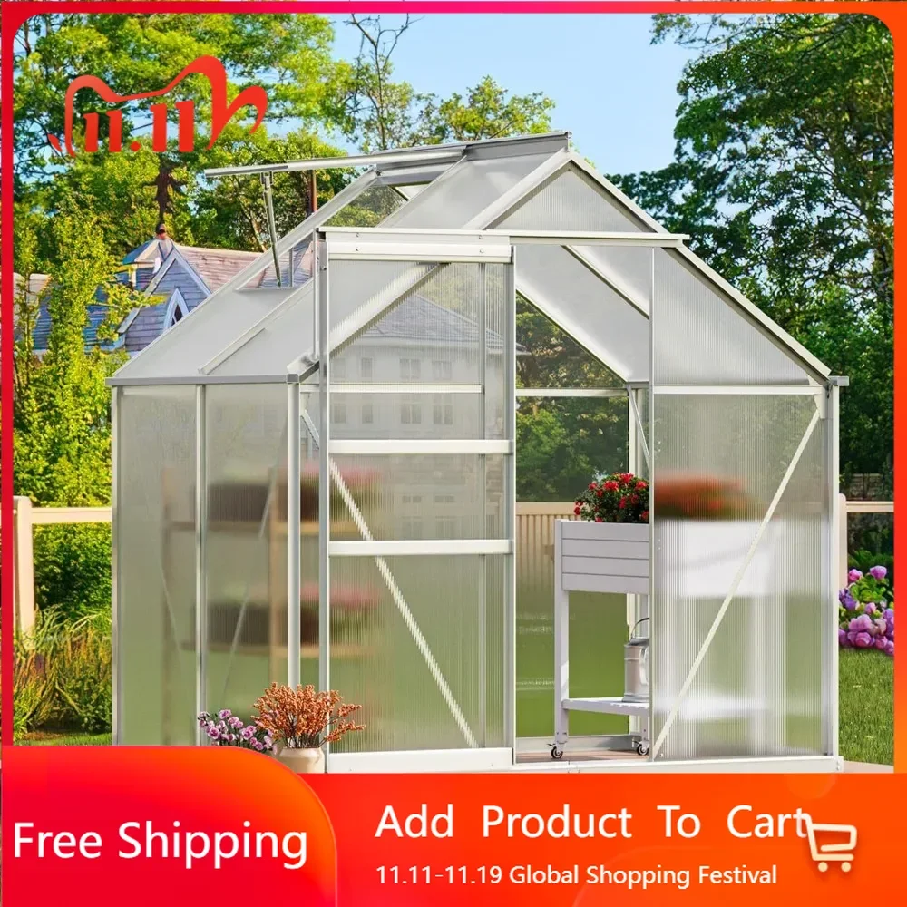 6x4FT outdoor polycarbonate greenhouse heavy-duty aluminum greenhouse with sliding doors and ventilation windows