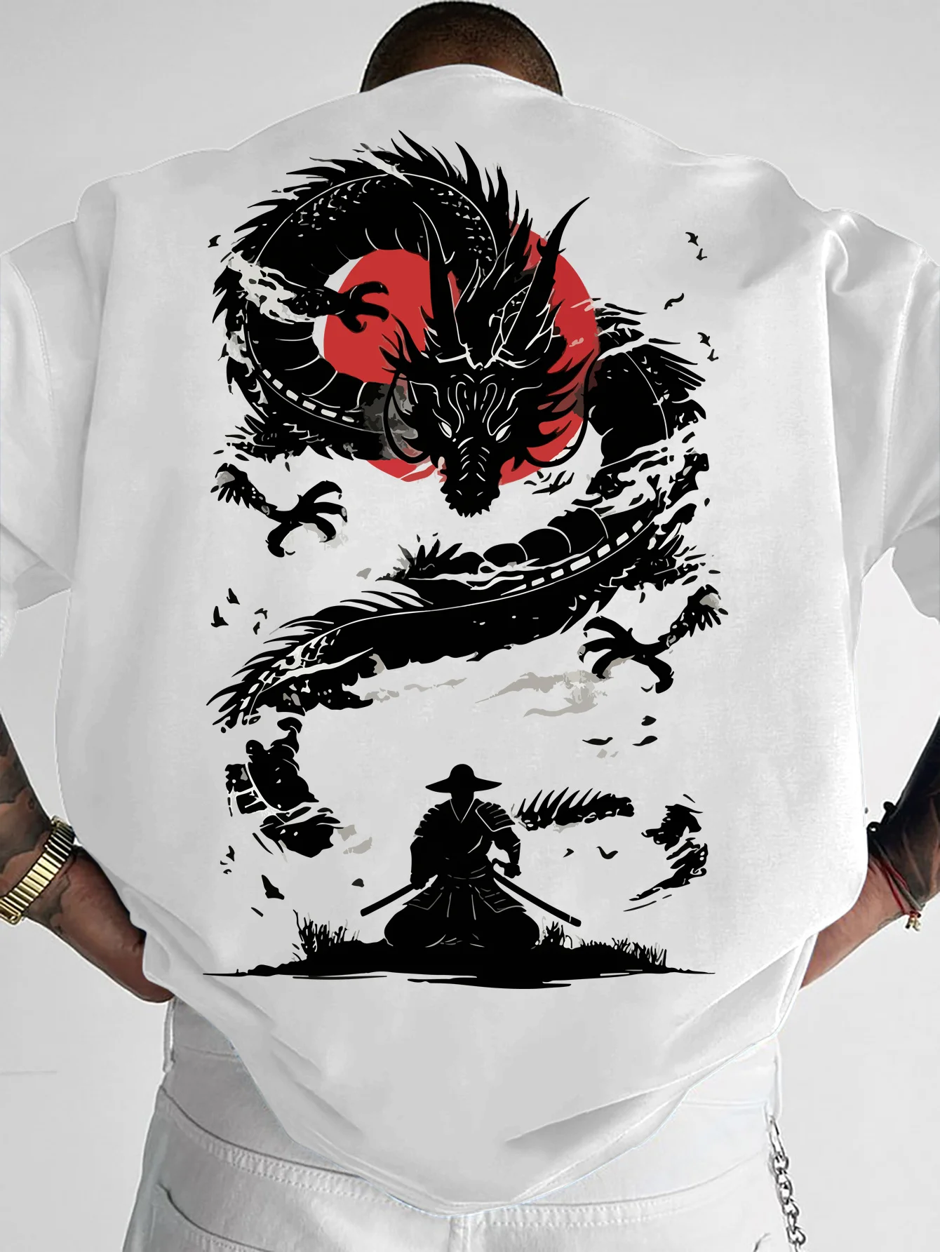 Japanese ukiyo-e dragon and samurai print short sleeved street trendy and personalized versatile T-shirt top