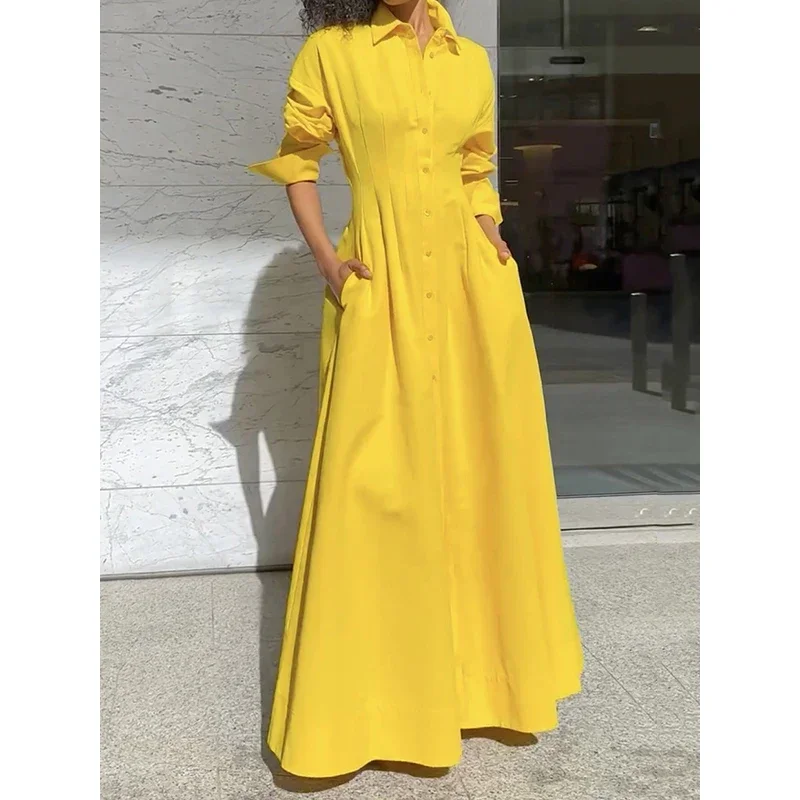 Gymystars Yellow Shirt Dress Maxi Dresses for Women Pleated Split-Joint Lapel Long Sleeves Solid Color Evening Dresses Clothing