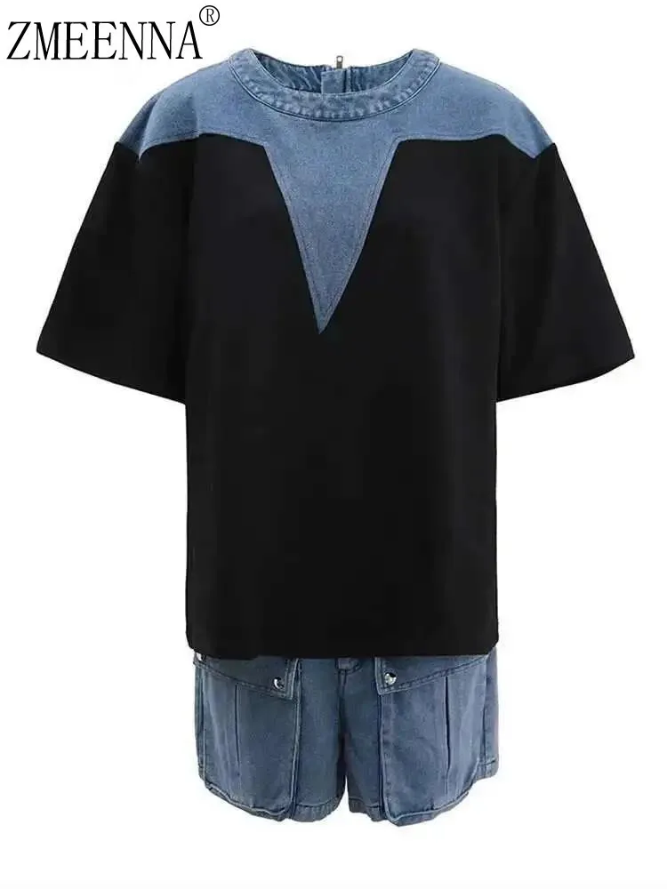 

ZMEENNA 2025 New Summer Women's Two Piece Suit Set Denim Patchwork Short Sleeve Outfit Stylish And Comfortable ZM841