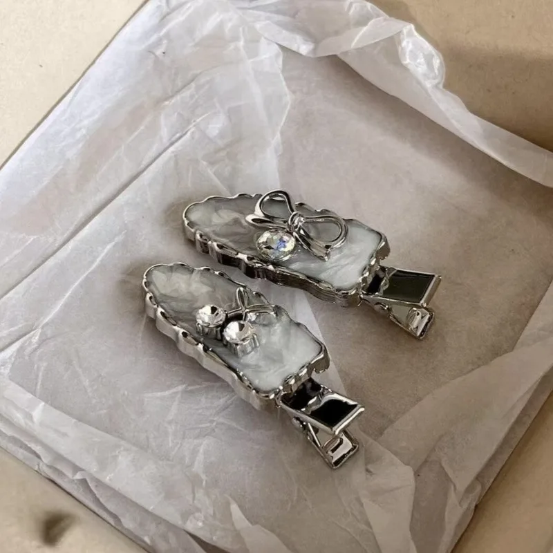 Silver Grey Crystal Cherry Bow Hair Clip, Duckbill Side Clip for Bangs & Flyaways Women Hair Accessories