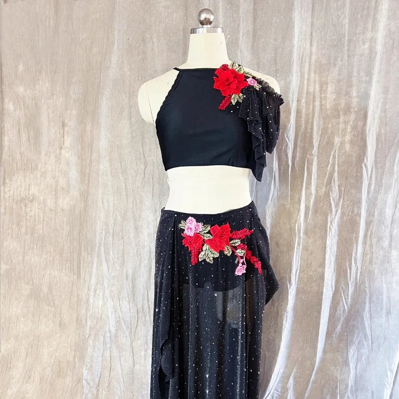 Trajes de danza del vientre personalizados, traje de práctica, Top de malla de diamante resistente, falda larga, conjunto negro, cadena de cintura dorada y plateada