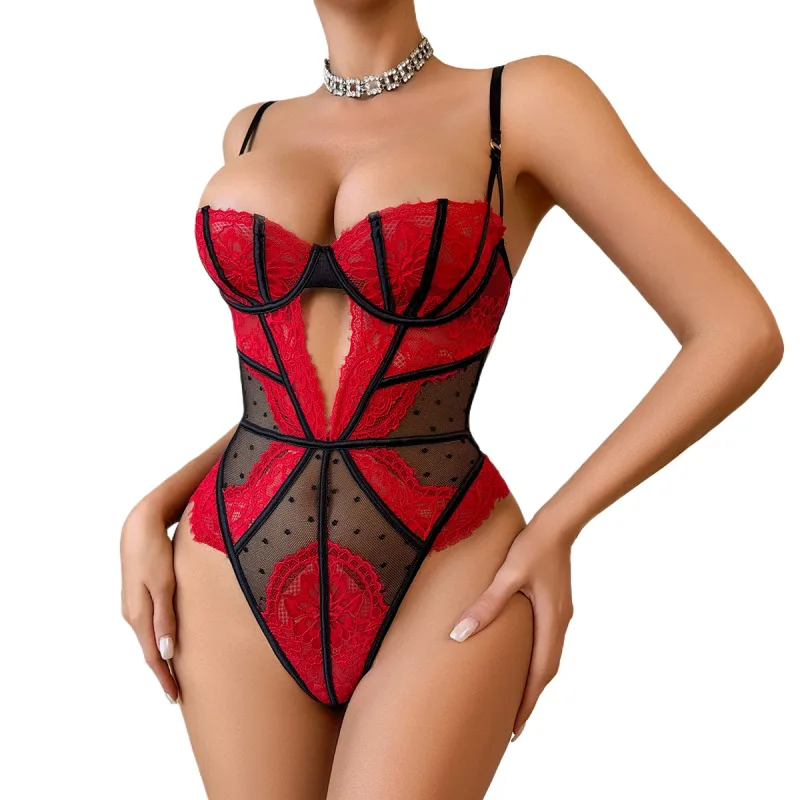 CINOON Body de Lencería Sexy Rojo y Negro con Encaje en Contraste, Corsé con Aros, Transpirable, Estilo Teddy, Transparente, con Aberturas, de Una Pieza, de Malla