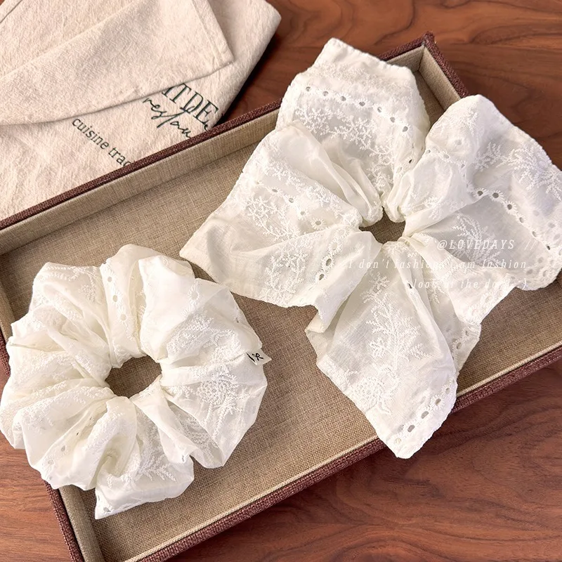 

White Lace Scrunchie Romantic Embroidered Elegant Low Ponytail Hair Tie Premium Soft Daily Wear Versatile Accessory For Women