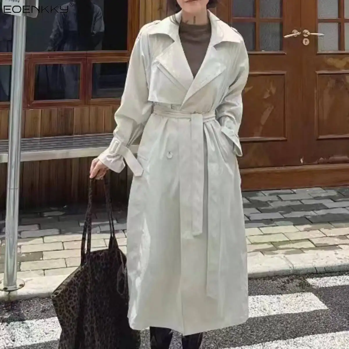 

EOENKKY Solid Color Lace-up Double-breasted Design - 2025 Spring Style Women's High-quality Long Coat Fashionable Front Opening