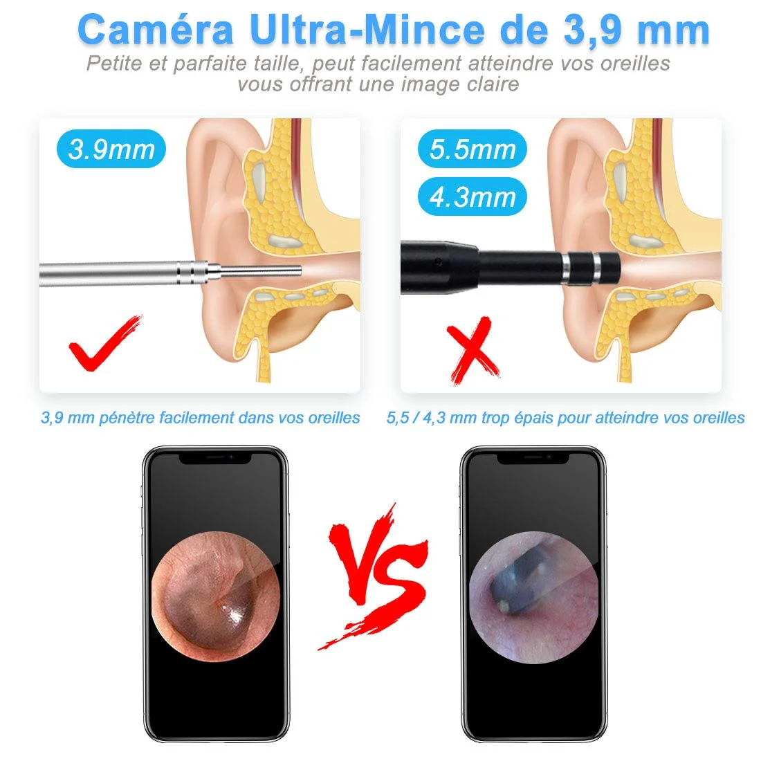 WiFi Otoscope 3.9MM 2MP HD USB Endoscope Wireless Ear Cleaning Examination Camera and 6 LED Lights for iPhone, Android