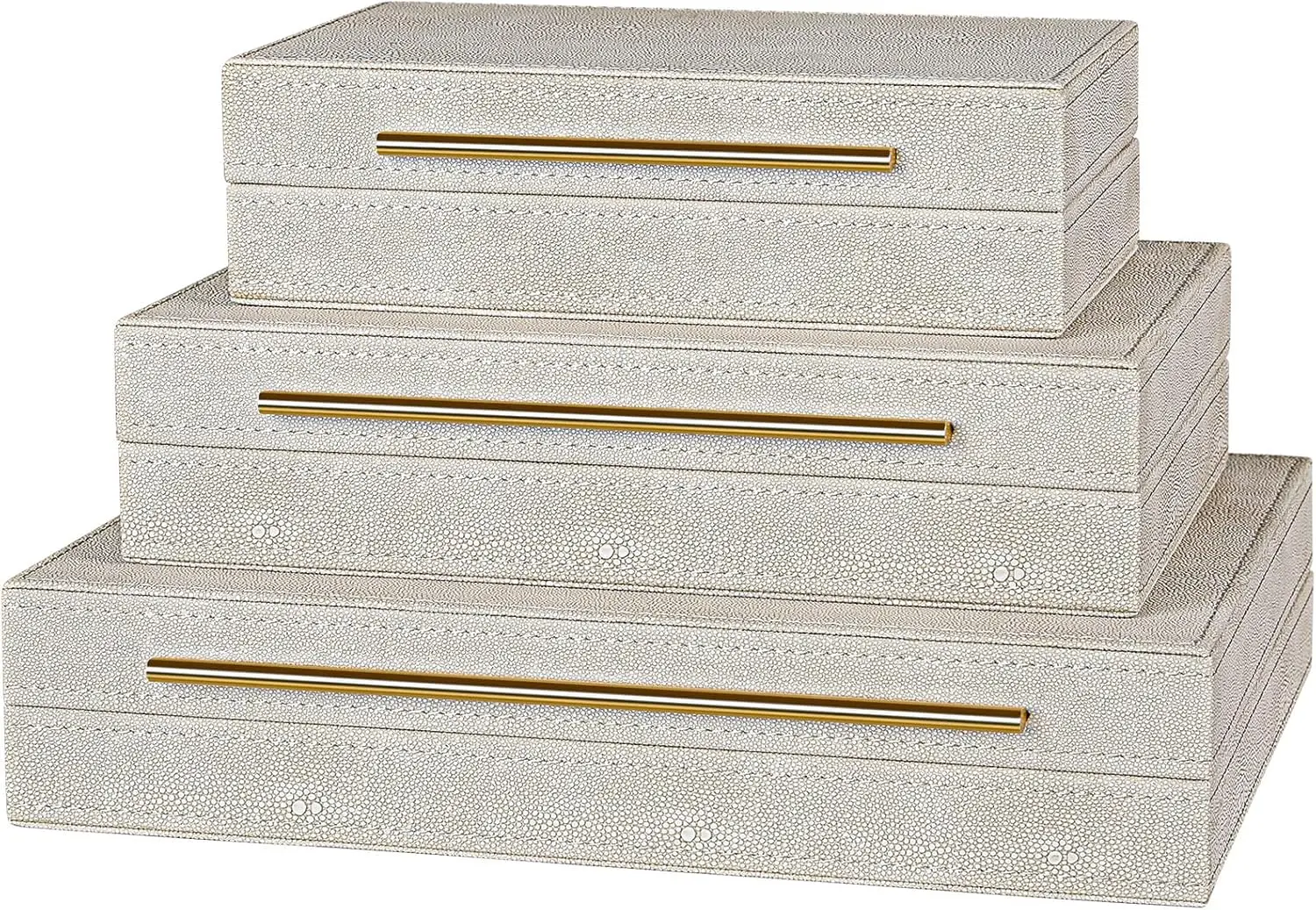 

Set of 3 Ivory Shagreen Decorative Boxes with Velvet Lining and Gold Handles for Home Decor and Jewelry Storage