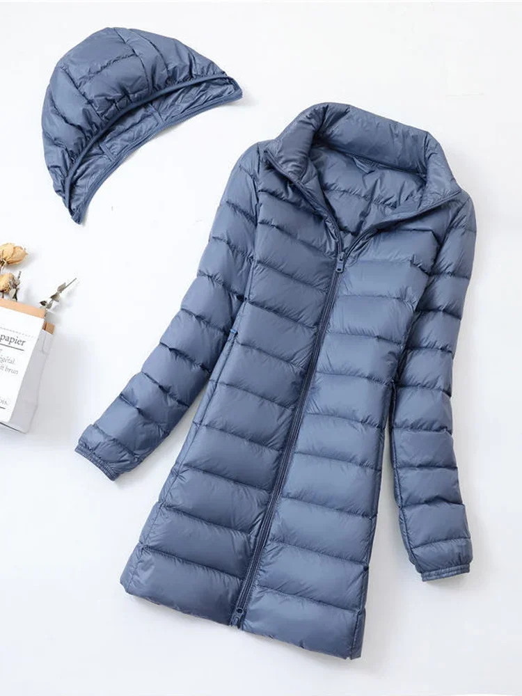 Frauen Kapuze abnehmbare Winter Puffer Jacken ultraleichte Kapuze Enten Daunen Mäntel Mode Büro Dame lange Feder Parkas 7xl