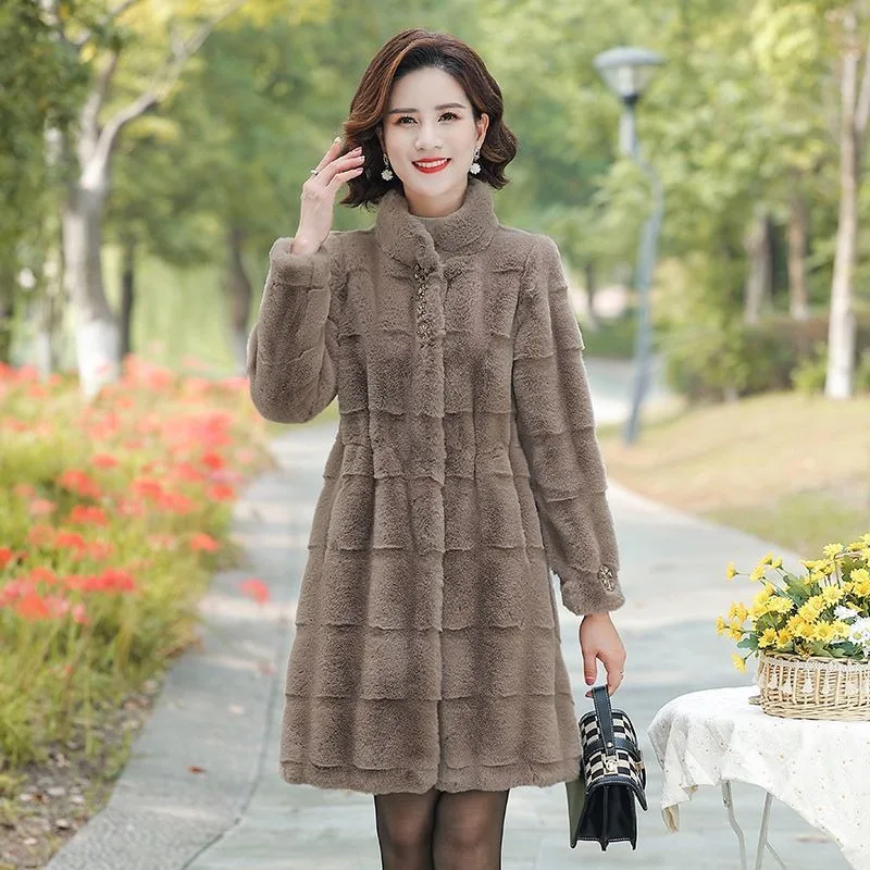 2023 Autumn Winter New Mink Fur Coat Mom Wear Mink Fur Fashion Overcoat Middle Old Age Women Imitation Fur Jacket Medium Long