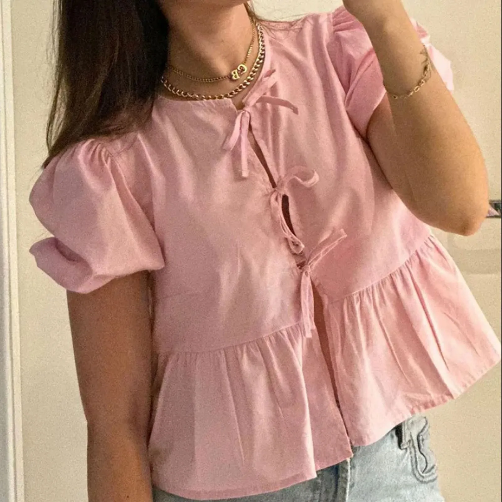 Women\'s Shirt 2024 New Fashion Front Hollow Bow Tie Ruffle Hem Shirt Top Solid Colour Loose Bubble Short Sleeve Blouse Shirt