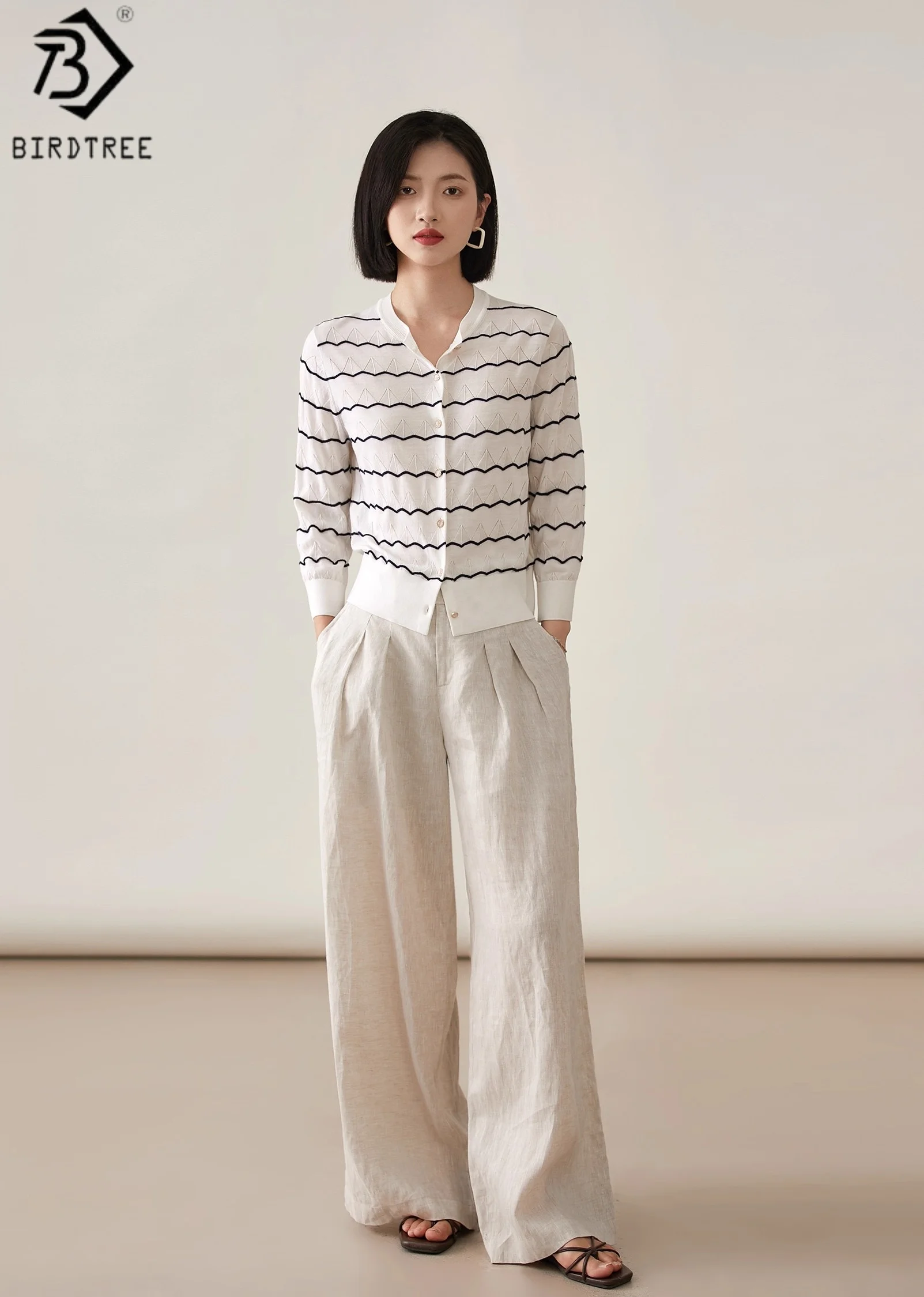 

Birdtree 100% Sheep Wool Stripe Knit Shirt,Woman 120s German Yangzi Yarn Long Sleeve Single Breasted Knitwear Autumn T58026JF