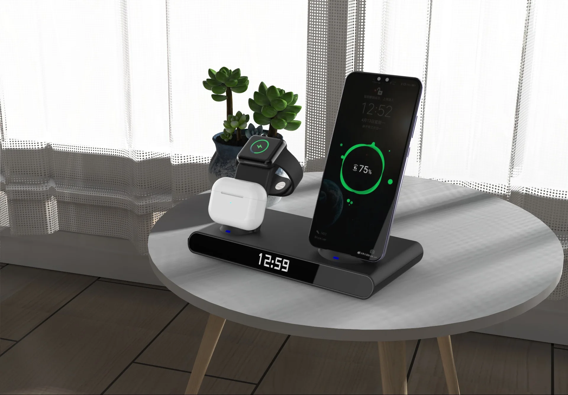 Hot Selling 3 in 1 Wireless Charger 15w Wireless Fast Charging With Clock Charger Stand Wireless Mobile Phone Charger