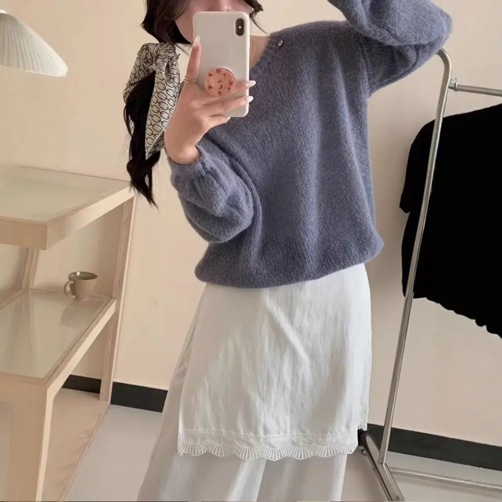

Women's Thin Pure Color Knitwear Top Korean Style Loose Fit Soft Waxy Pullover Trendy Spring Summer New Arrival