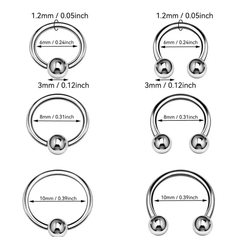 6PCS Set Steel Captive Ring Horseshoe Earrings 16g 3mm Ball Cartilage Septum Nose Eyebrow Earrings Piercing Jewelry Silvery