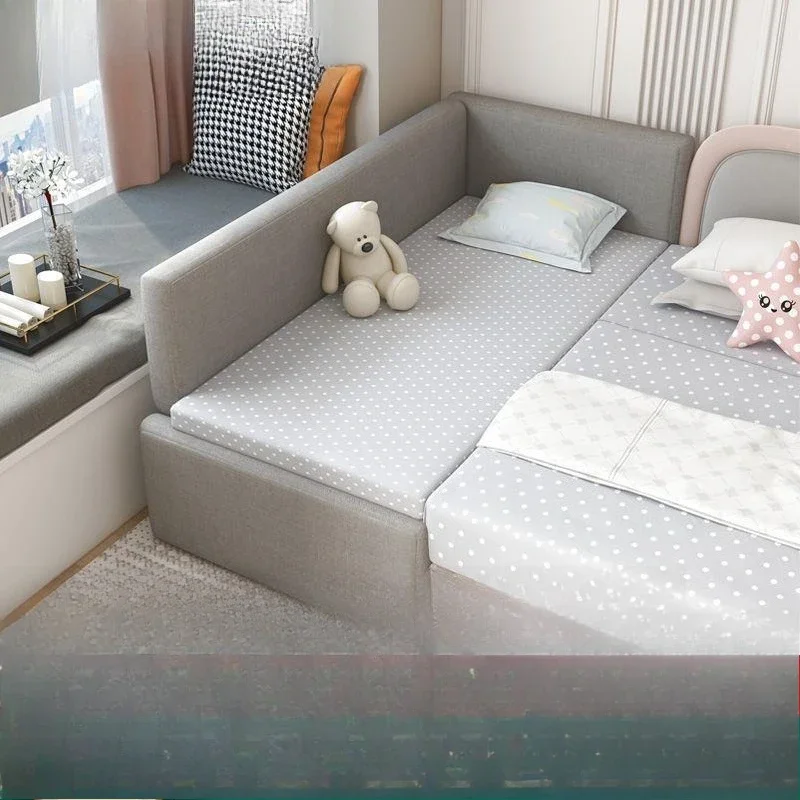Children's splicing bed, large bed widened bed, solid wood single bed with soft bag guardrail