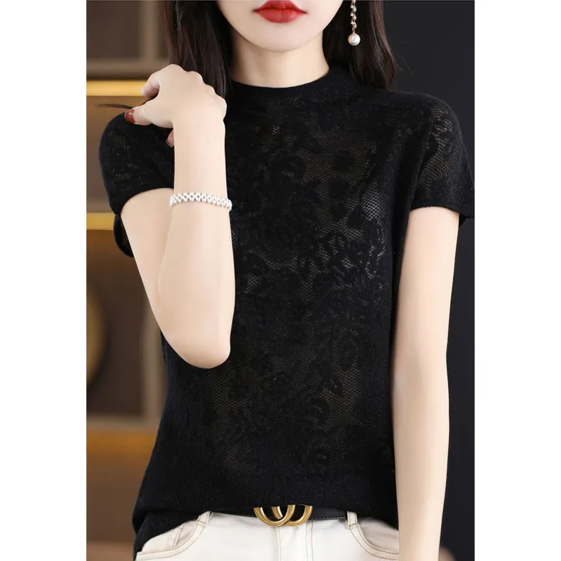 

Новая весенне-летняя модная женская блузка из тонкого ледяного шелка с ажурным цветочным узором, коротким рукавом, полувысоким воротником, универсальная, в западном стиле, кружевная