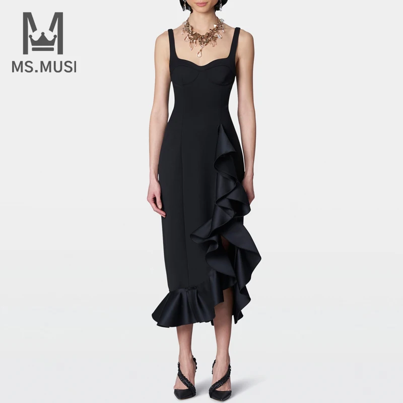 

MSMUSI 2022 New Fashion Women Sexy Black Strap Ruffles Sleeveless Falbala Backless Bodycon Party Club Event Midi Dress Vestidos