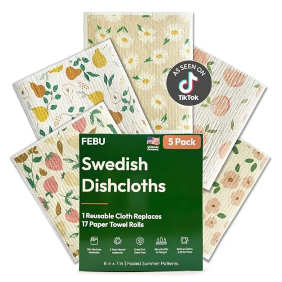 

Swedish Dishcloths for Kitchen 5 Pack Reusable Paper Towels Washable Swedish Dish Towels Non-Scratch Cellulose Sponge Cloths No