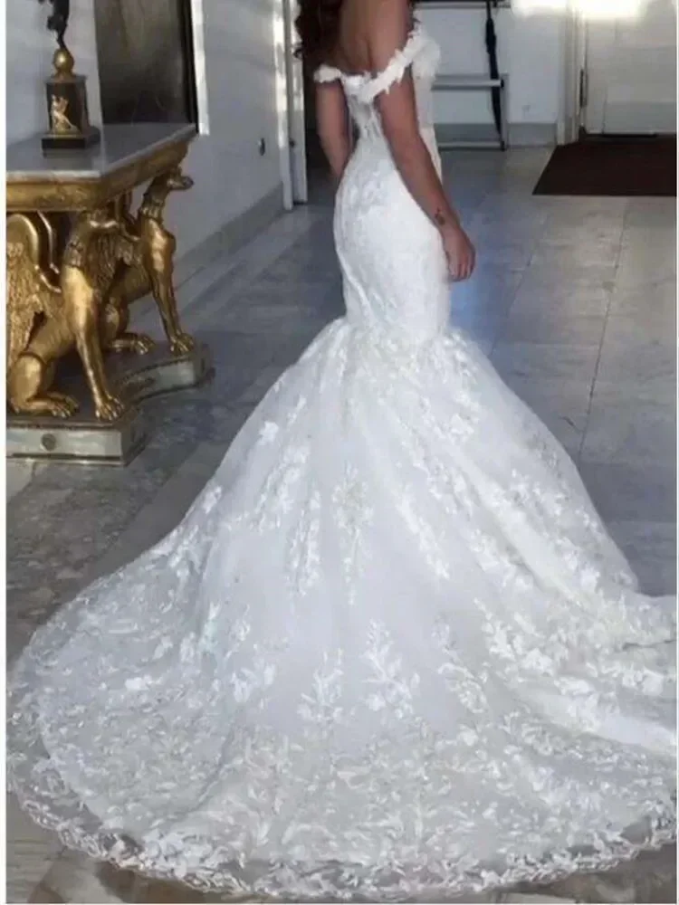Customized Wonderful V Neck Lace Appliques Vestido De Novia Sweep Train Off The Shoulder Corset Back Mermaid Bridal Dresses