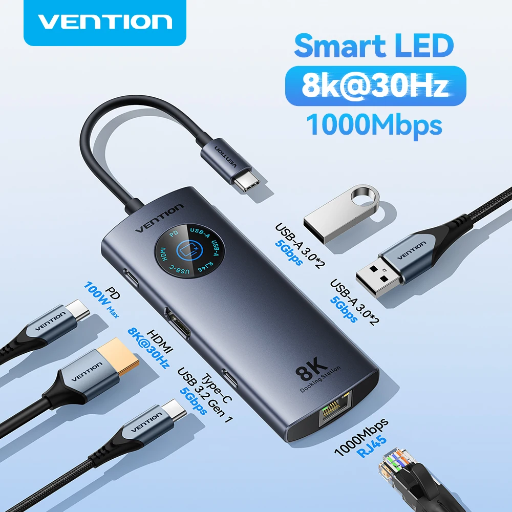 

Vention USB C 8K 4K HDMI HUB Led Display USB A C 3.0 3.2 Gen1 Ethernet 1000Mbps Adapter for MacBook iPad HP Dell Samsung Laptop