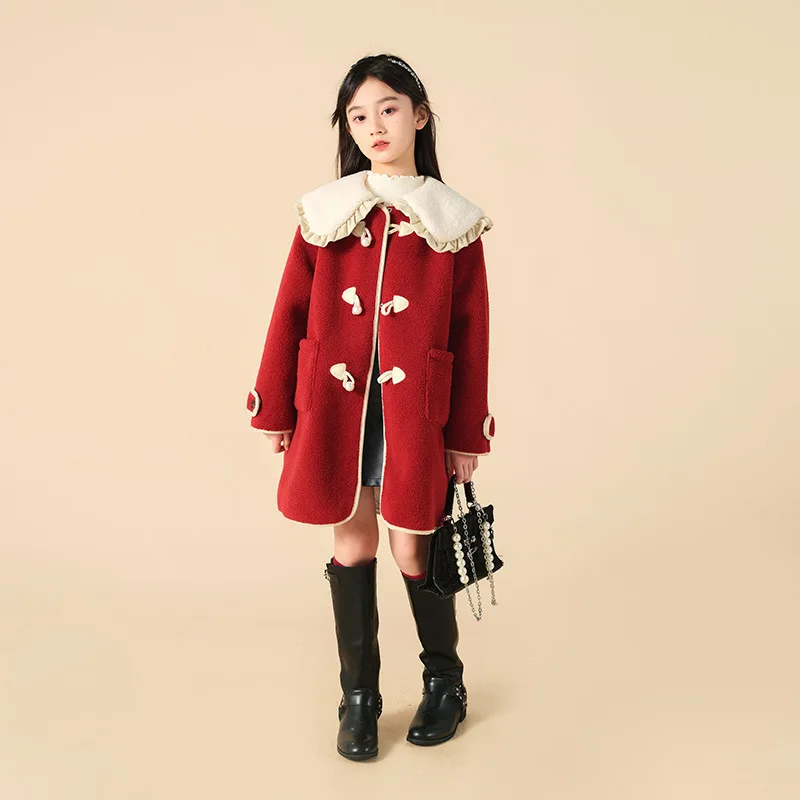 Girls' Velvet Coat Autumn/Winter New Korean Edition Red Coat with Hairy Medium to Large Children's Clothing Coat for Women