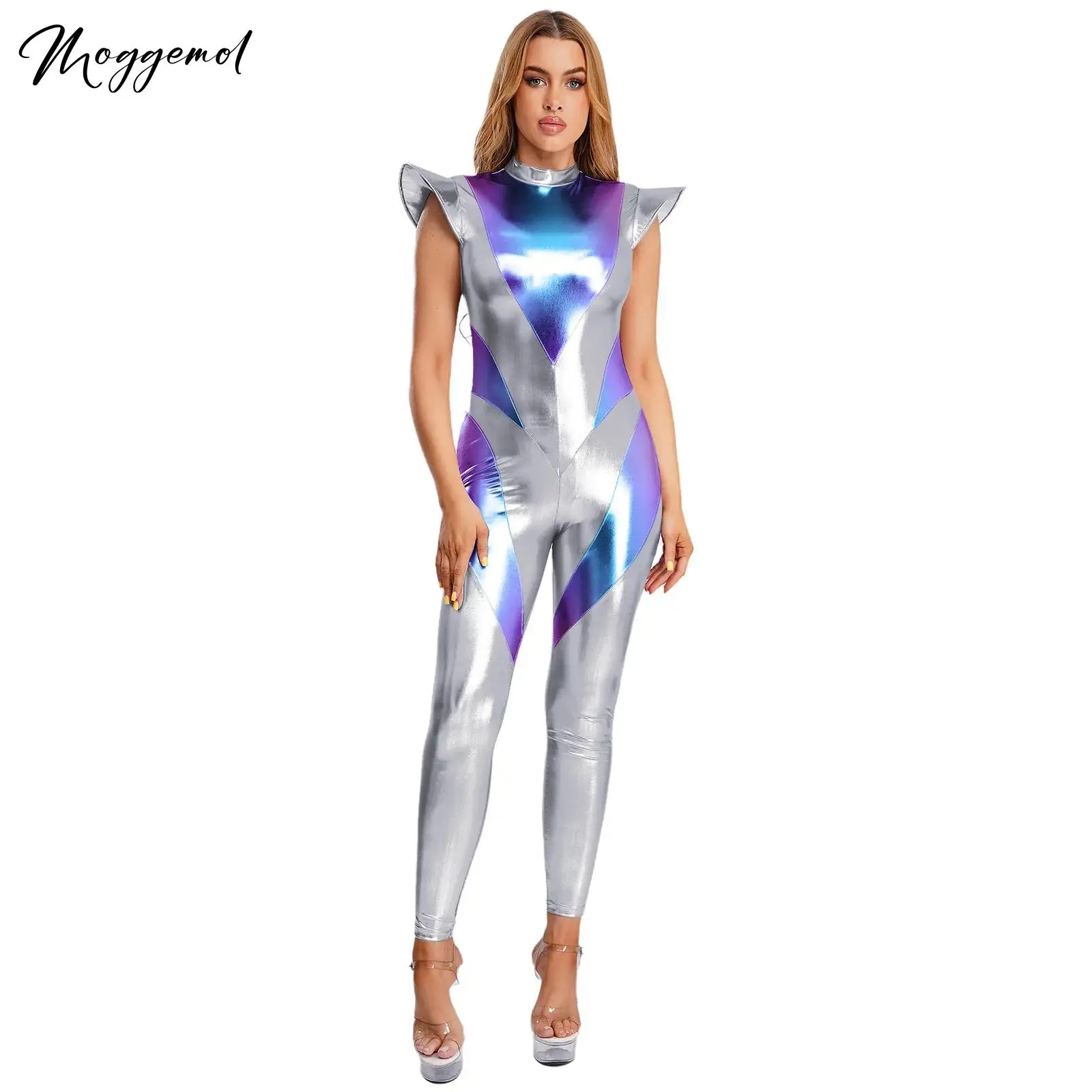 

Womens Astronaut Alien Robot Unitard Fly Sleeve Pants Outer Space Costume Outfits Color Blocking Iridescent Metallic Jumpsuit