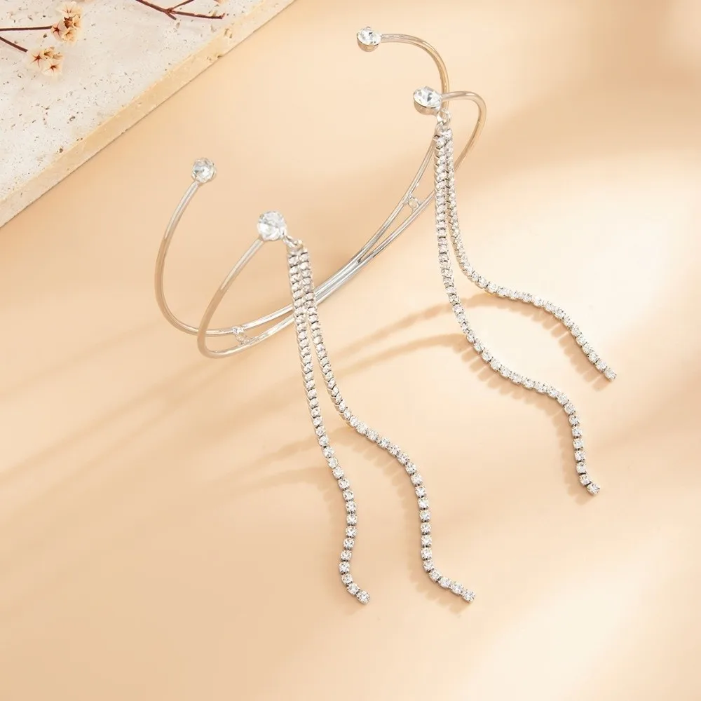 Chic Y2K Style Rhinestone Arm Cuff Inlaid Rhinestone Surface Adjustable Open Design Tassel Bangle Chain Tassel Detail