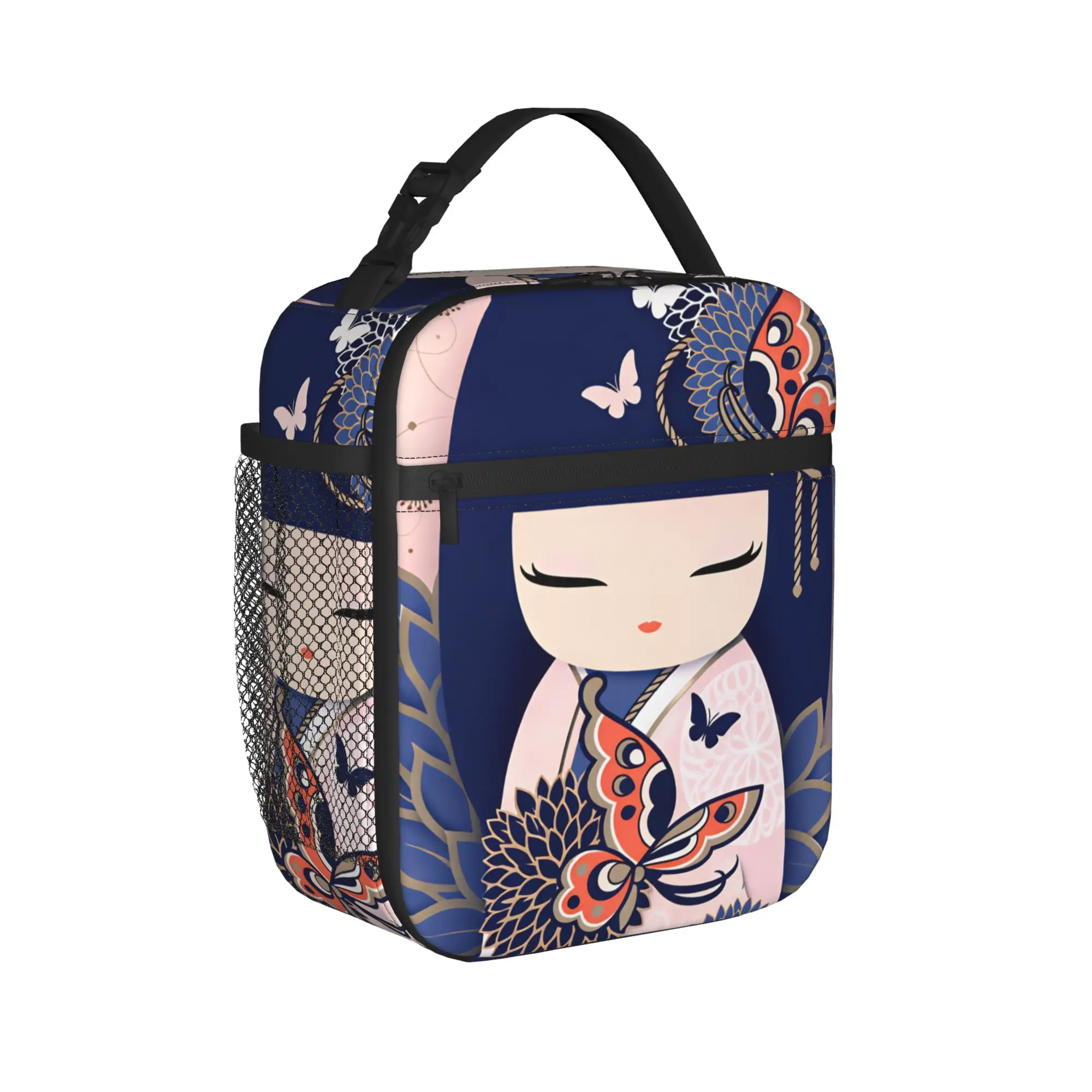 Japanese Girl Sakura Kokeshi Doll Lunch Bag  Fashion Lunch Box For Girls Cooler Bag Oxford Print Thermal Lunch Bags